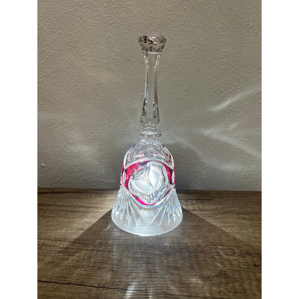 Cut to Clear Crystal Bell Red Overlay Floral Design – 8” Vintage Style